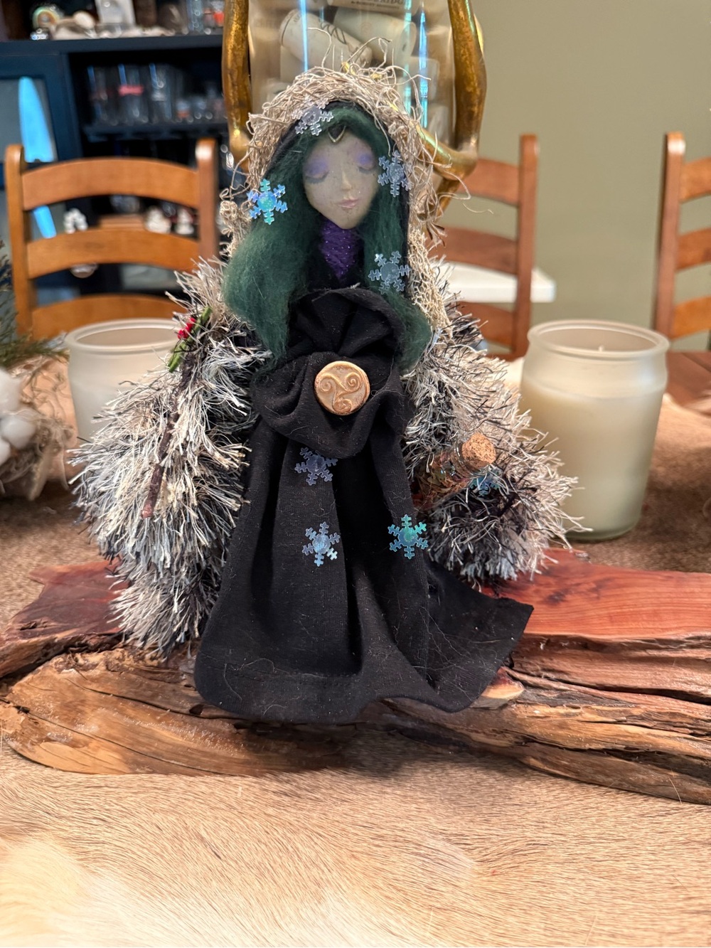 Handcrafted Woodland Winter Goddess Figurine - Black and Green
